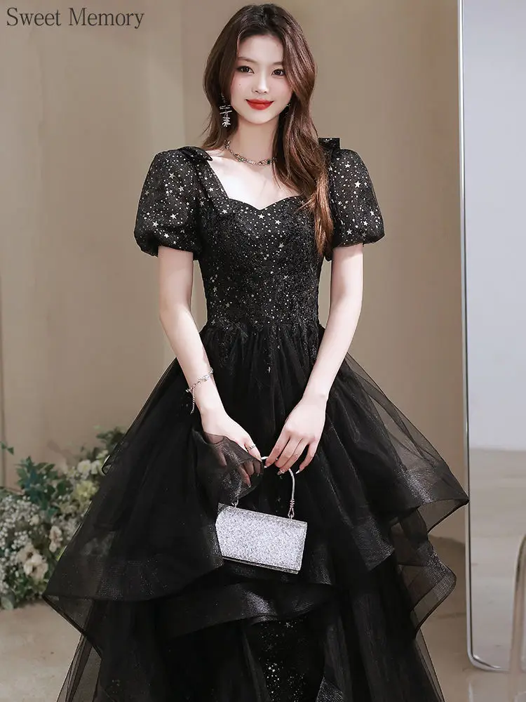 Sweet Memory Black Dress Evening Party Dresses Female Vintage Mesh Floor-Length Short Puff Sleeve Ball Gown Prom Dress