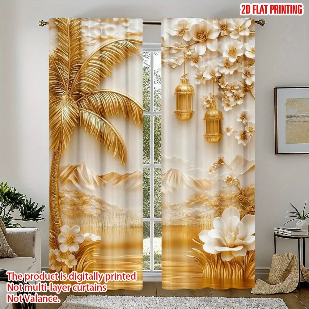 2pcs 2D Flat Golden Oasis Decor Sheer Curtains – Elegant Gold Tropical Palm Tree Design for Living Room, Bedroom & Office