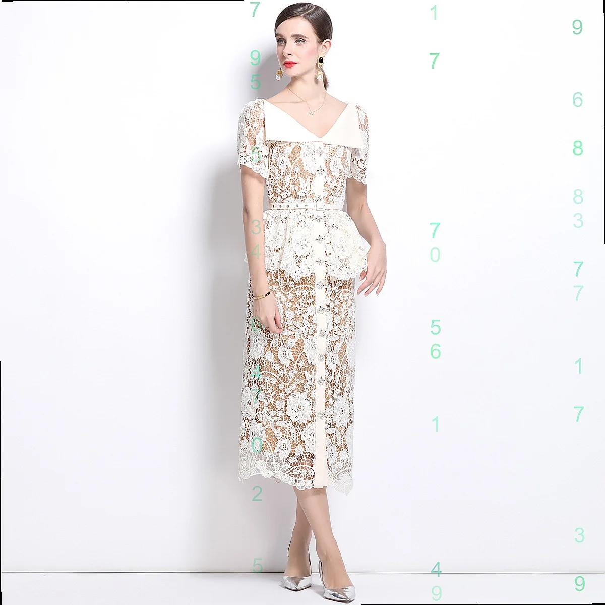 

Women's Lace Waist Dress with Belt Short Sleeve Peter Pan Collar Evening Dresses Matching Set Jumpsuit