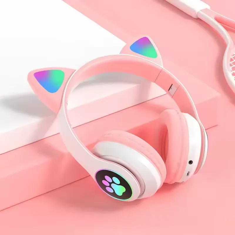

Bluetooth 5.0 Wireless Cat Ear Headphones Glowing LED Lights Stereo Sound Mic Micro SD Card for Girls Birthday Gift