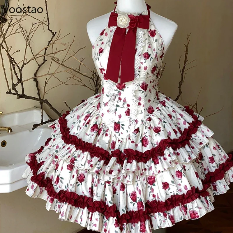 Victorian Vintage Lolita Dress Women Harajuku Y2k Lace Bow Red Rose Flower Princess Dresses Elegant Evening Party Mini Dress