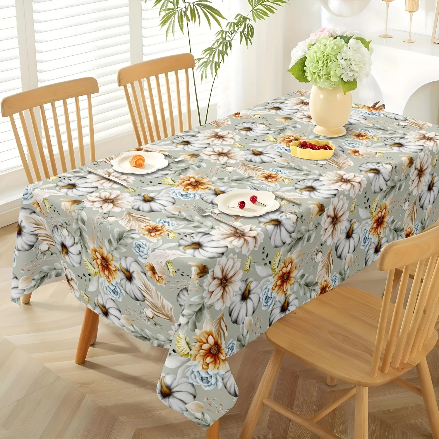 1pc Autumn Harvest Round Tablecloth - Thanksgiving theme design, featuring autumn leaves, pumpkins and floral patternszyc