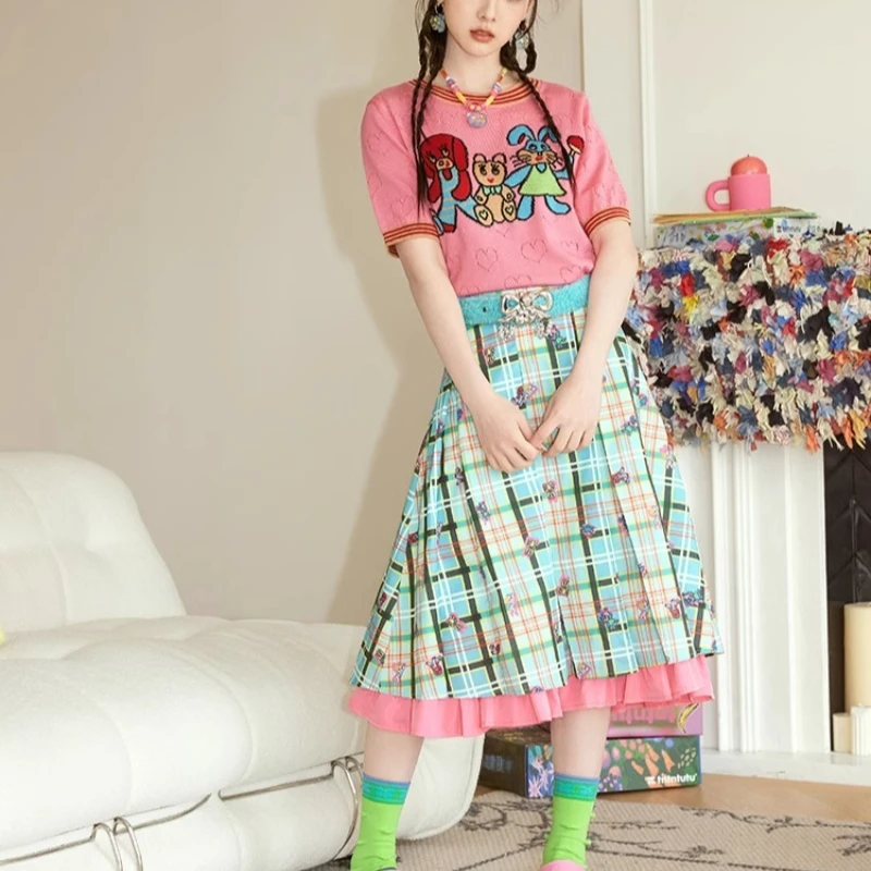 Spring And Summer Original Design Women's Skirt Green Plaid Contrasting Color Pink Edge Pleats Cute Little Animal Sweet Skirts