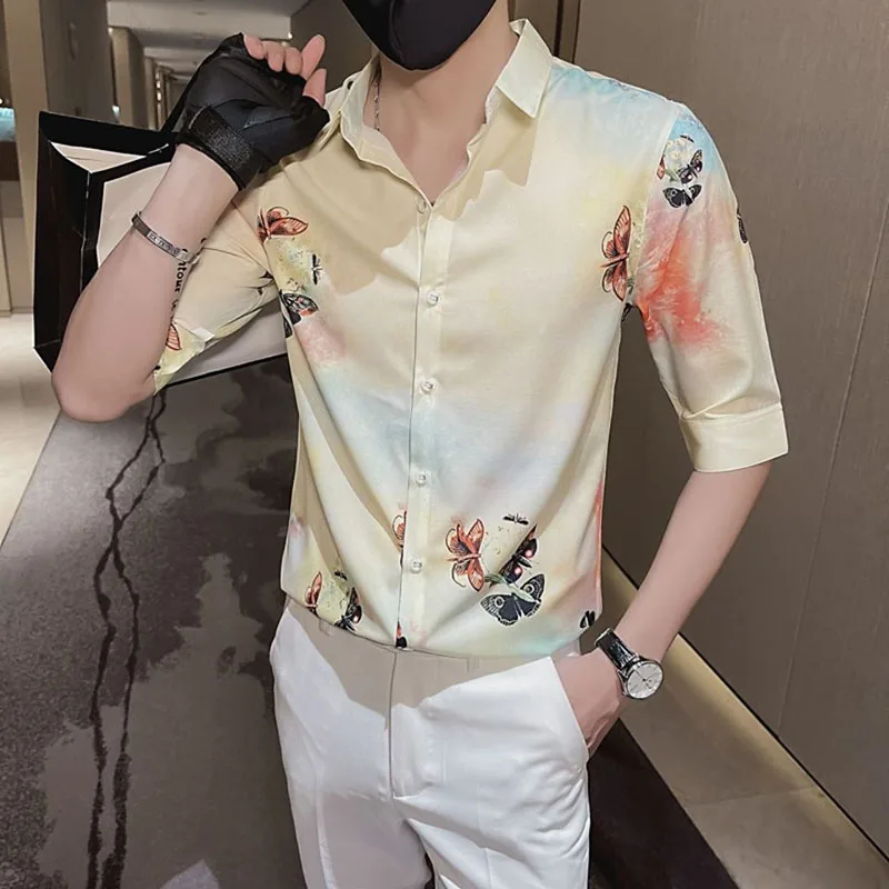 Vintage Printed Lapel Button All-match Floral Shirts Men\'s Clothing 2024 Spring New Oversized Casual Tops Half Sleeve Shirt