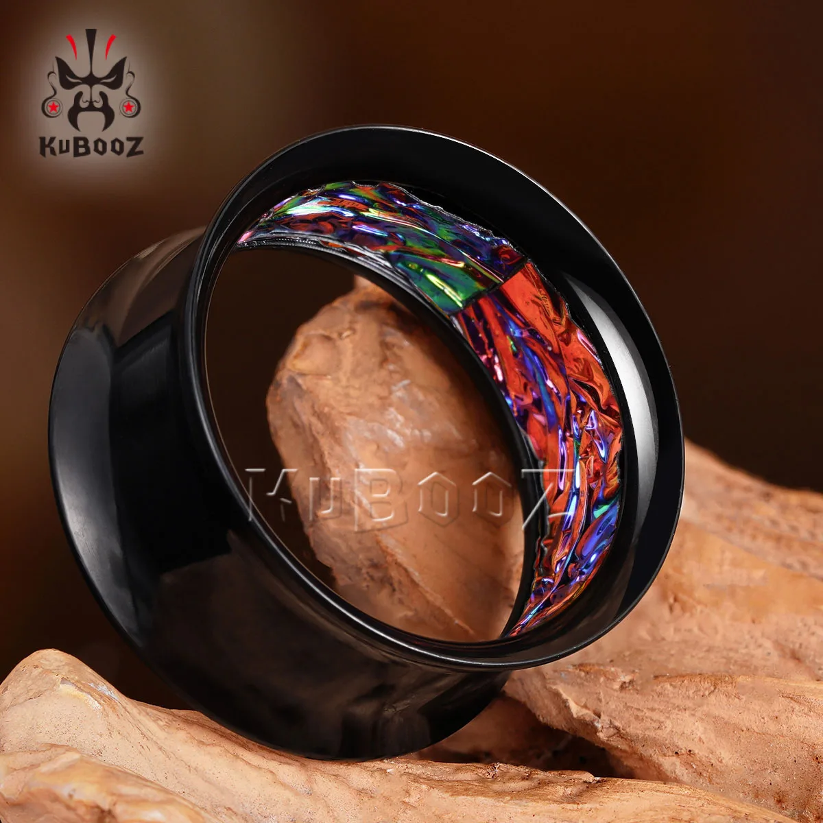 KUBOOZ Unisex Punk Double Flared Edelstahl Ohrstreckerschlaufen, schillernde Crackle-Innenohrtunnel, 2er-Set Piercing-Schmuck – Detail 6