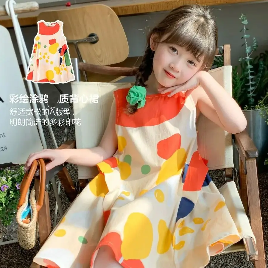 Helles ärmelloses Sommerkleid für Mädchen – leichtes Sommerkleid in A-Linie, fröhlicher Farbblock- oder Regenbogendruck für große Kinder