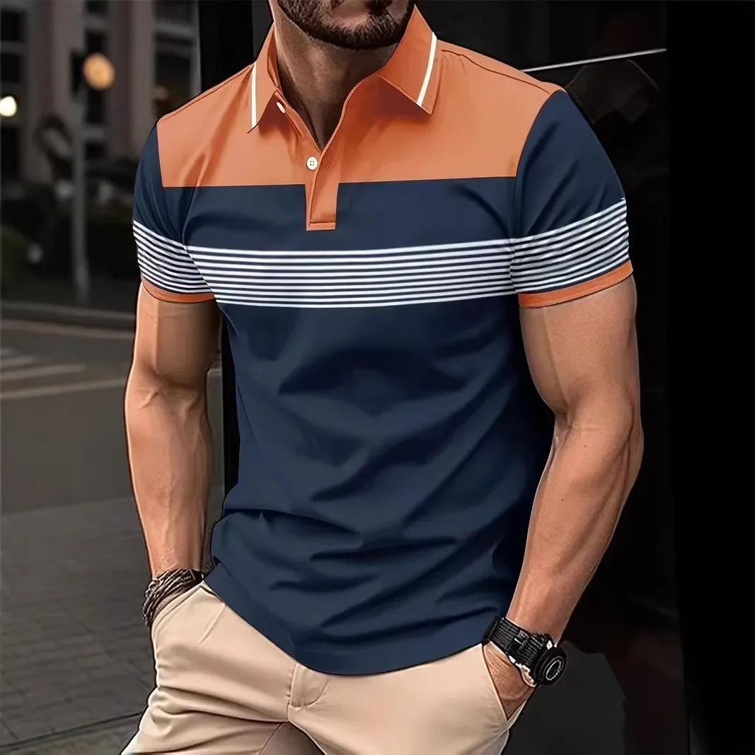 

Летняя мужская полосатая рубашка-поло с коротким рукавом Мужская модная простая стильная рубашка-поло для гольфа 100% полиэстер