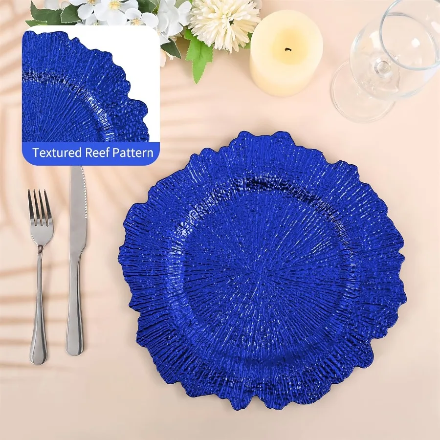 50 قطعة أطباق الشاحن الأزرق الملكي السائبة 13 "شواحن لوحة الشعاب المرجانية لتناول العشاء البلاستيك الأزهار أطباق الزخرفية لإعداد الطاولة الأربعاء #3