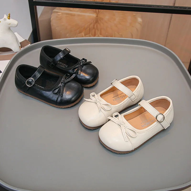 Mumoresip Kids Leather Shoes with Simple Bows Round Toes Children Flat Shoes Soft Bottom 2026 Brand New Children Flat Shoes