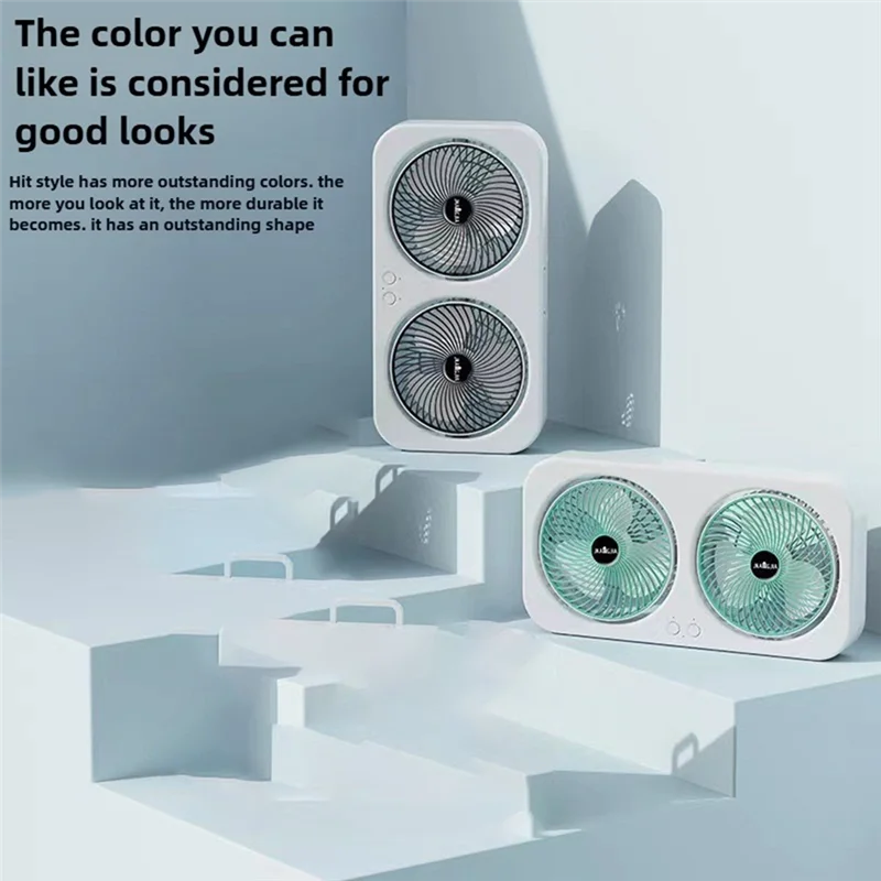 كتم الصوت، مروحة مكتب مزدوجة الرأس قابلة للتعليق، USB من النوع C، مبرد هواء قابل لإعادة الشحن، 3 سرعات، أخضر قابل للتعديل