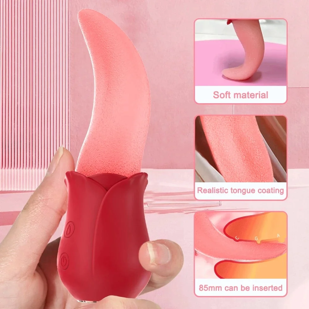 Hot Selling Realistic Tongue Licking Rose Vibrators Sex Toys for Adult Women with G spot Clitoris Stimulator Nipple Massager