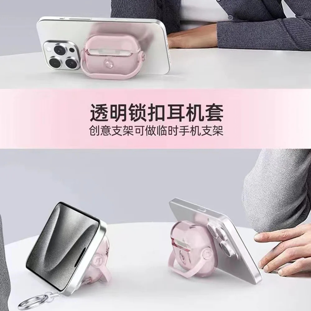 Music Holder Cover For AirPods 5 4 Pro 2 AirPods Pro3 Pink Clear Bluetooth Earphone Cases For AirPods 2 3 Funda With Keychain