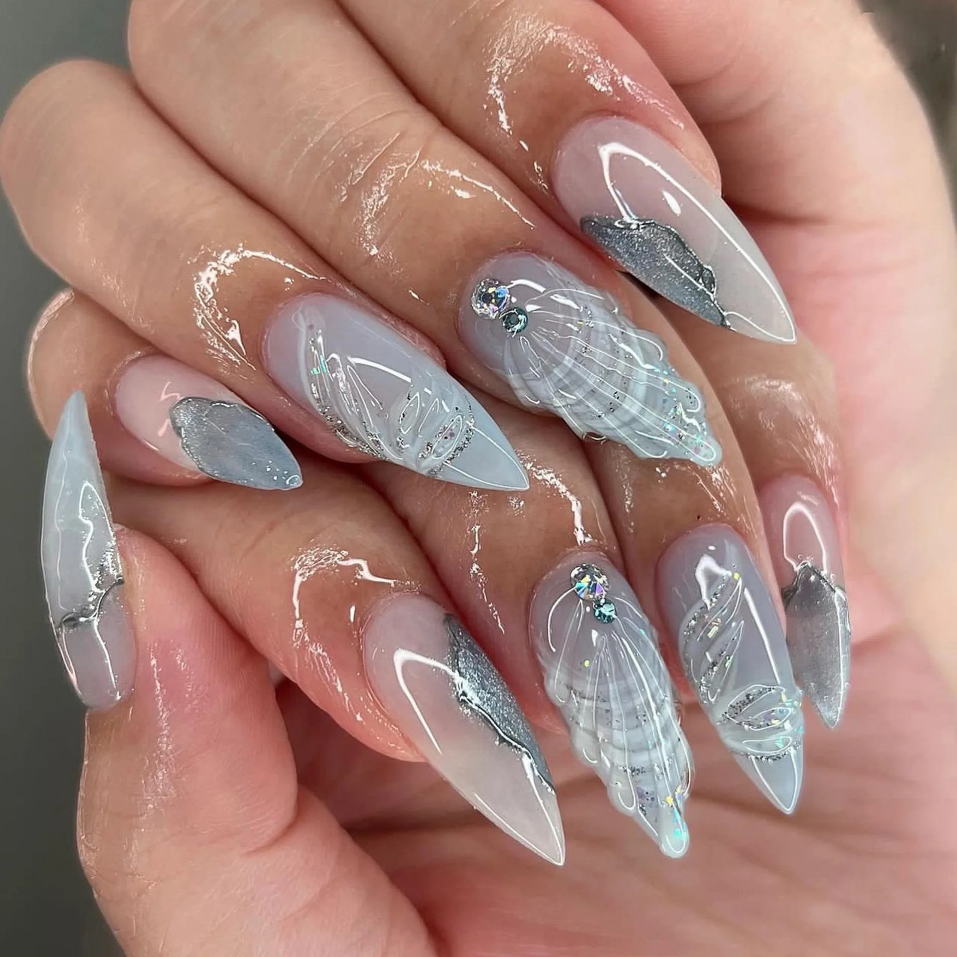 

24Pcs Blue Dreamy False Nails Almond Fake Nail 3D Shell Glitter Diamond Press on Nails Embossed Nail Bowknot Sweet Cool Nail Art