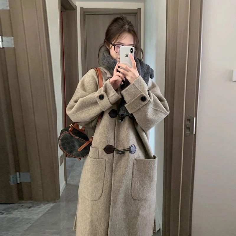 

Двустороннее шерстяное пальто с роговыми пуговицами, женское весенне-осеннее новое пальто Hepburn Sle, маленький размер, корейская версия для поездок на работу