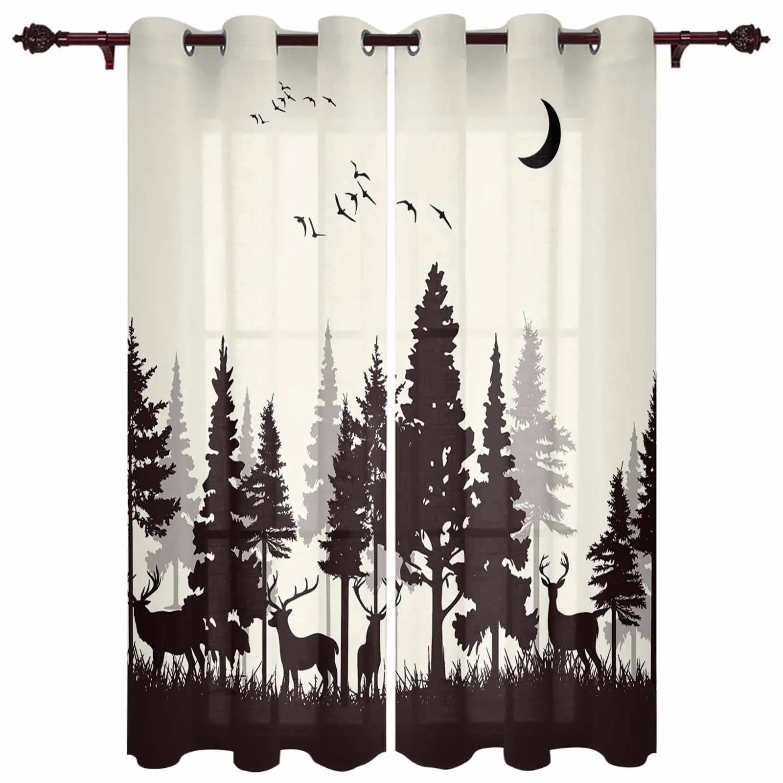 Forest Silhouette Deer Animal Bird Moon Nature Window Curtains for Living Room Luxury Bedroom Curtains Coffee Dining Room Drapes