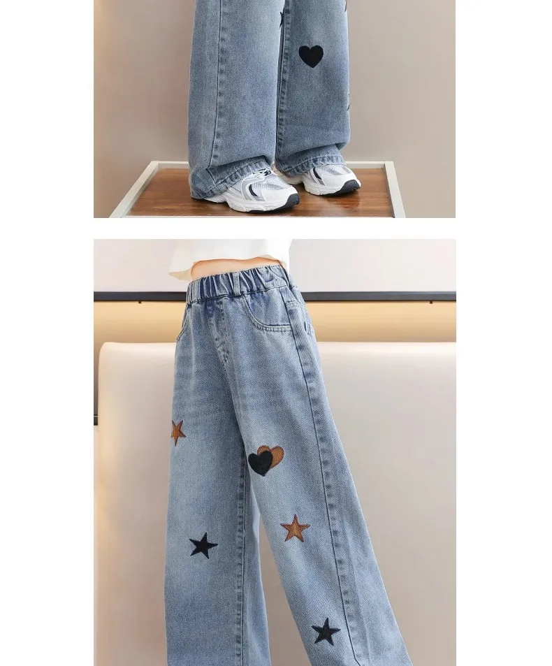 Frühling Herbst Neue Mädchen-Jeans mit Stickerei, Fünfzackiger Stern, Weite Hosen für 3-12 Jahre alte Teenager-Mädchen, Stylische Denim-Hosen mit weitem Bein – Detail 10