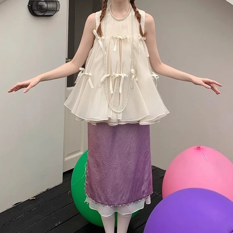 ชุดเดรสโบว์ดีไซน์หวานๆ 2025 ฤดูร้อนเสื้อยืดแขนกุดปุยหวานน่ารัก