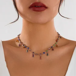 Y2K Fashion Boho Geometric Colored Crystal Tassel Pendant Chain Necklace For Women Female Vintage Choker Jewelry Party Gift