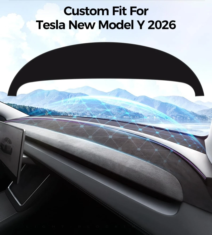 1.2mm Thin Black Sueded Dashboard Cover For Tesla Model Y Juniper 2025 2026 Anti-Glare Anti-Slip Soft Dash Cover Mat view 2