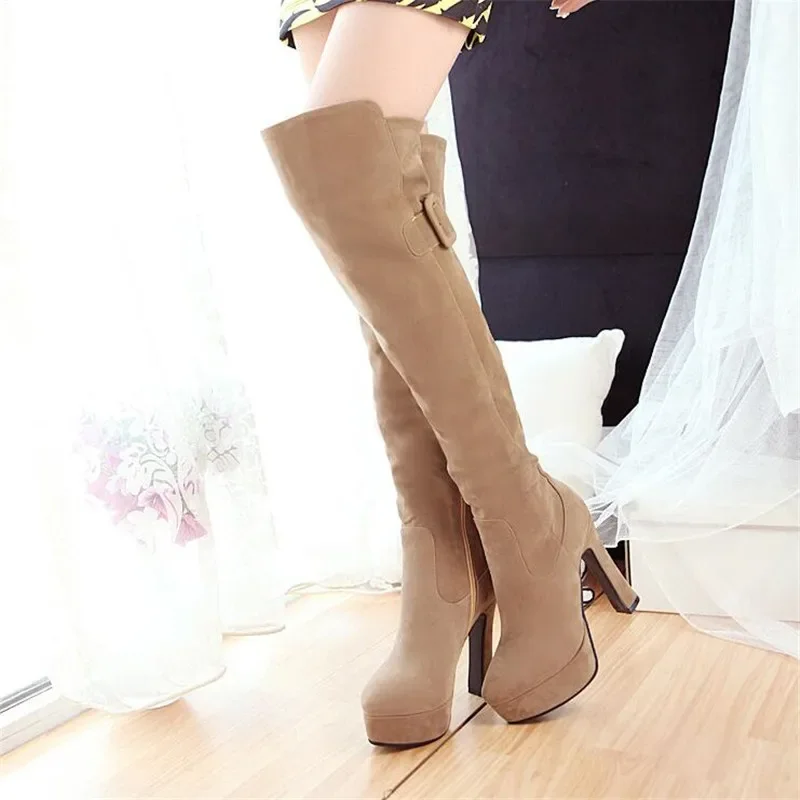 winter New pattern fashion Round head gules Sweet High-heeled Over knee Thin leg Boots Add wool Keep warm Fine heel Women Boots