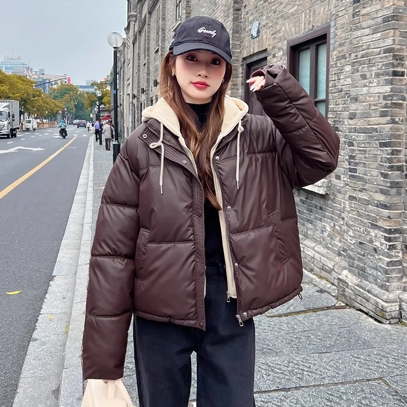 Giacca da pane in finta pelle PU in due pezzi, Parka corta da donna in cotone spesso antivento Cappotto invernale con cappuccio coreano w1676