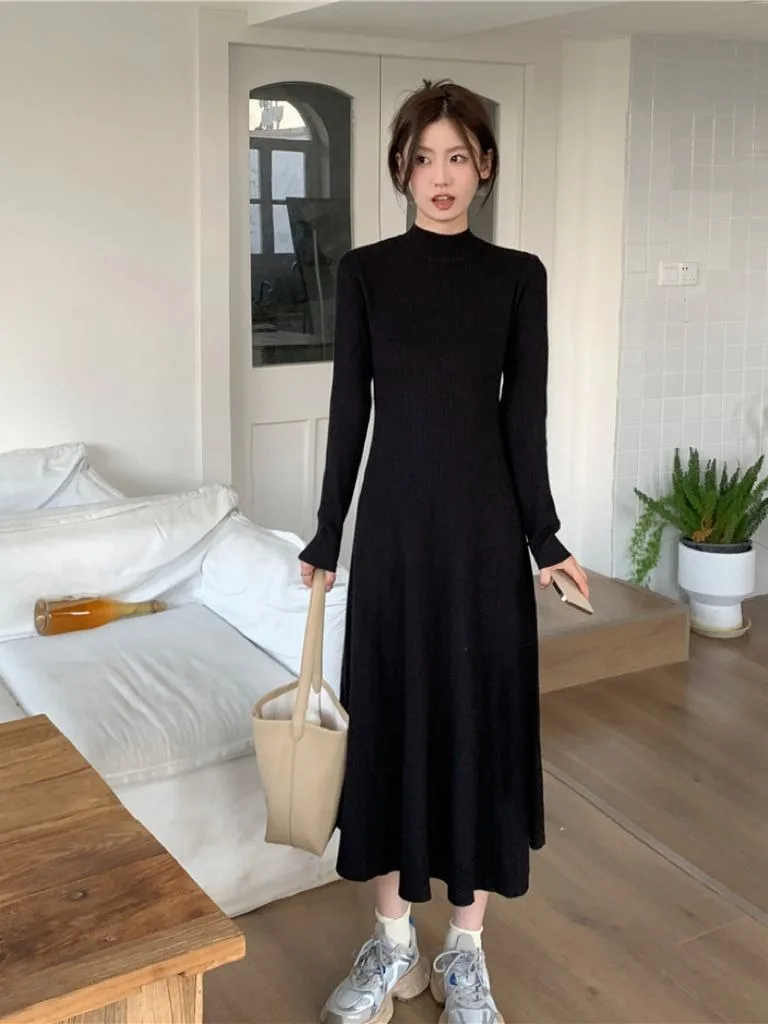 Feminino preto francês meados de bezerro a linha vestido de malha chique semi-gola alta emagrecimento manga longa quente em camadas outono inverno exclusivo