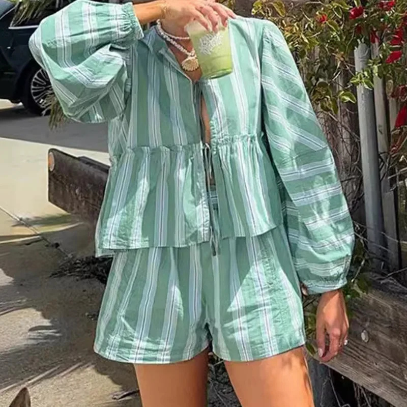 

Casual Lace Up Striped Women Shorts Suits V-neck Lantern Sleeve Blouse Loose Pants 2024 Spring Summer fashion ladies Female set