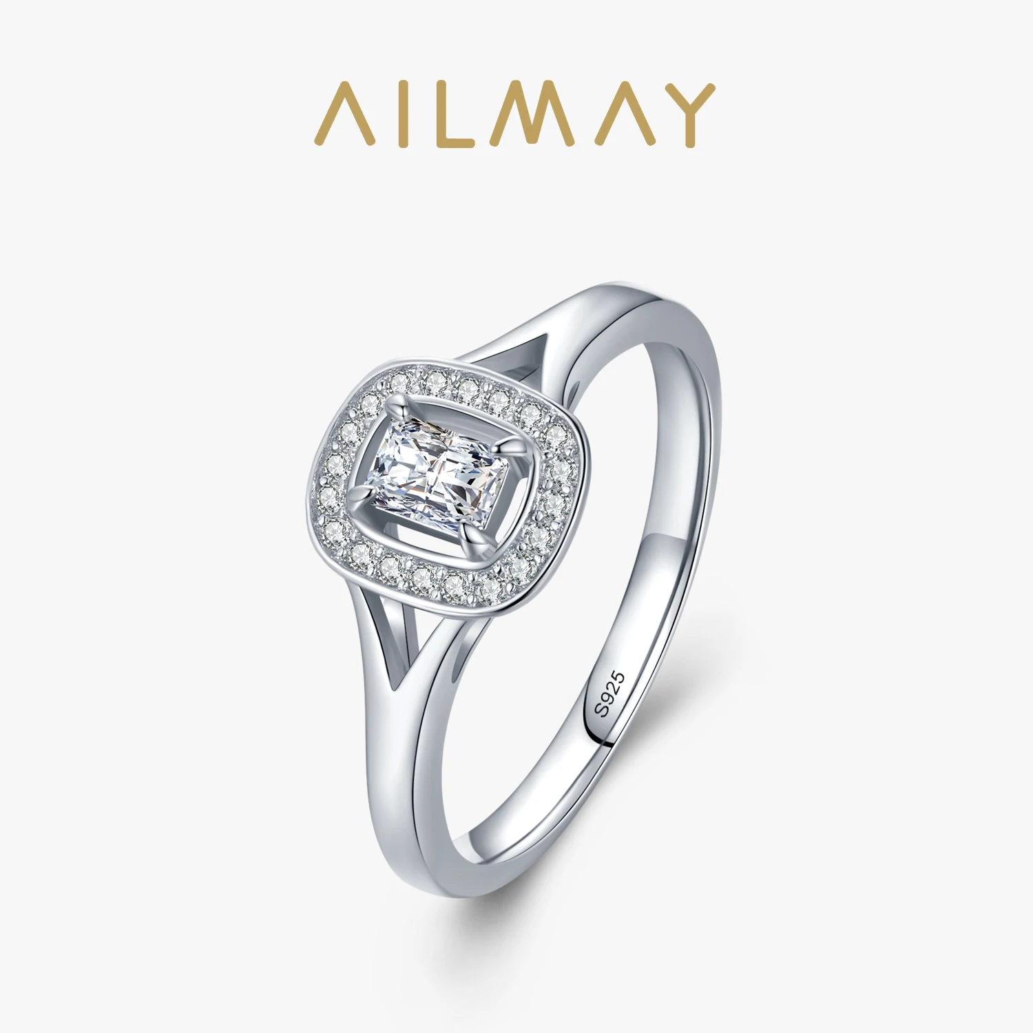 Ailmay Fashion 925 Sterling Silver Rectangle Hollow Cubic Zirconia Rings For Women Romantic Engagement Anniversary Fine Jewelry