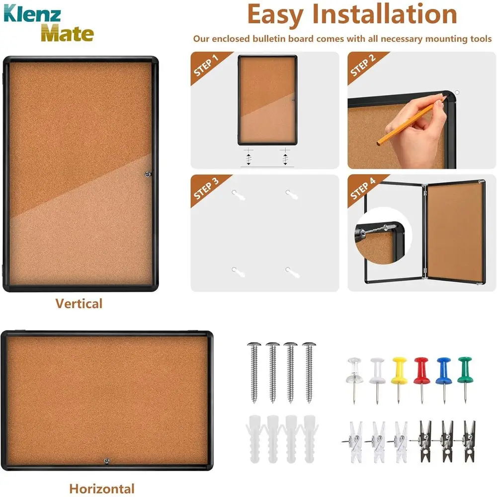 لوح فلين مغلق بإطار من القماش البني والألومنيوم الأسود ومقاوم للكسر مع باب أكريليك قابل للقفل للتعليم والمكتب،