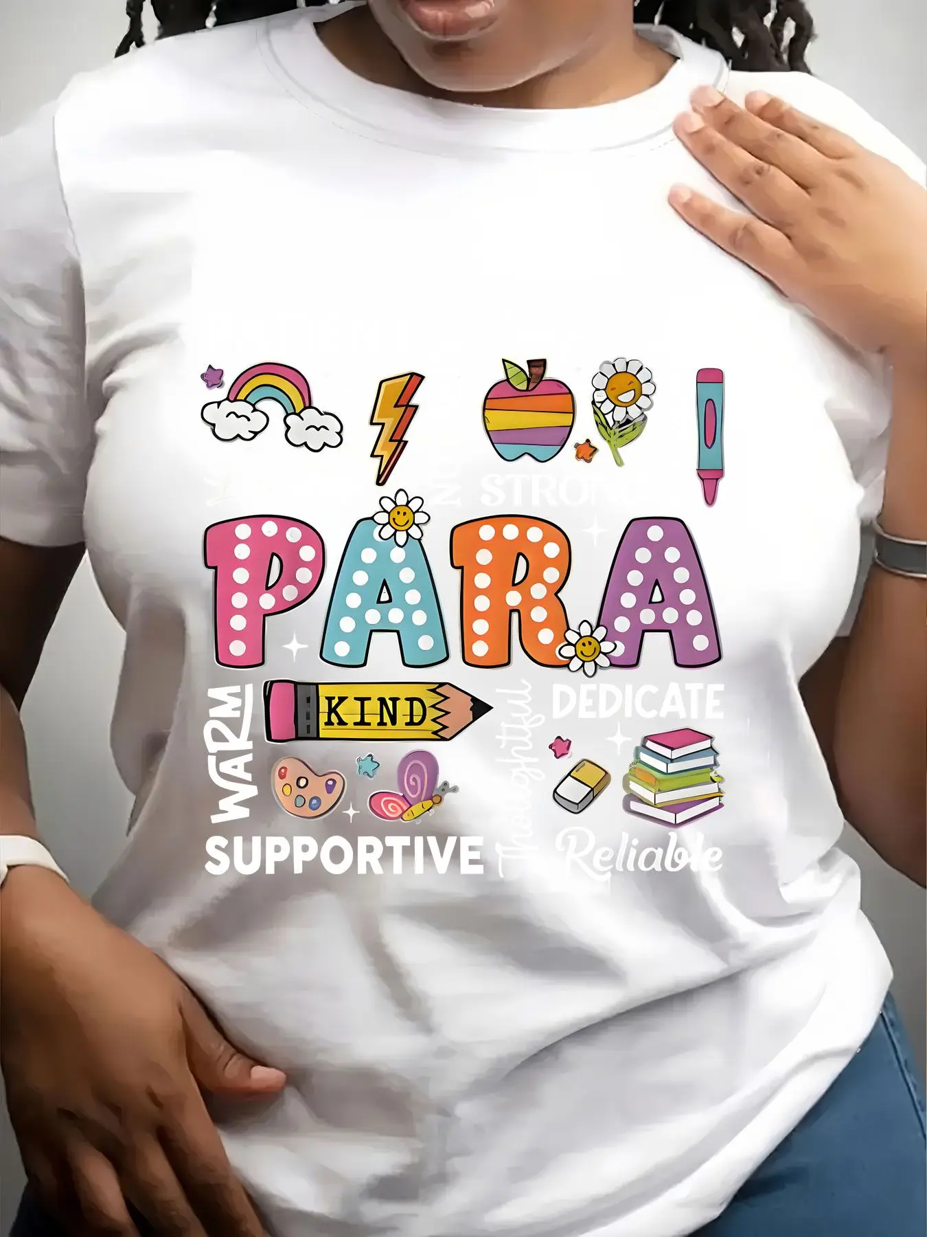 Women's Trendy Crew Neck T-Shirt Colorful Para Teacher Appreciation Design Suitable for Casual Sportswear