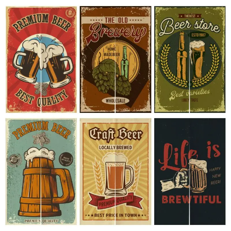 VIKAMA Retro Brewery Noren Door Curtain Rod Pocket Beer Bottle Hop Wheat Print Tavern Cafe Partition Home Decor