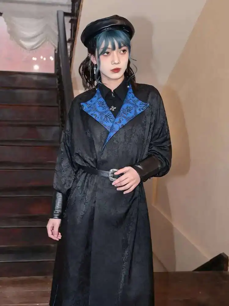 New Chinese Style National Style Han Elements Improve Wear On Both Sides Hanfu Round Neck Robe Printing Long Coat Black Blue