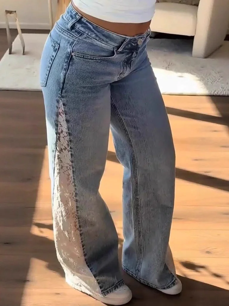 Lace Splicing Straight Leg Jeans Women's Denim Pants Cross-Border Hot Girl Style Natural Waist Cotton Blend Non-Stretch
