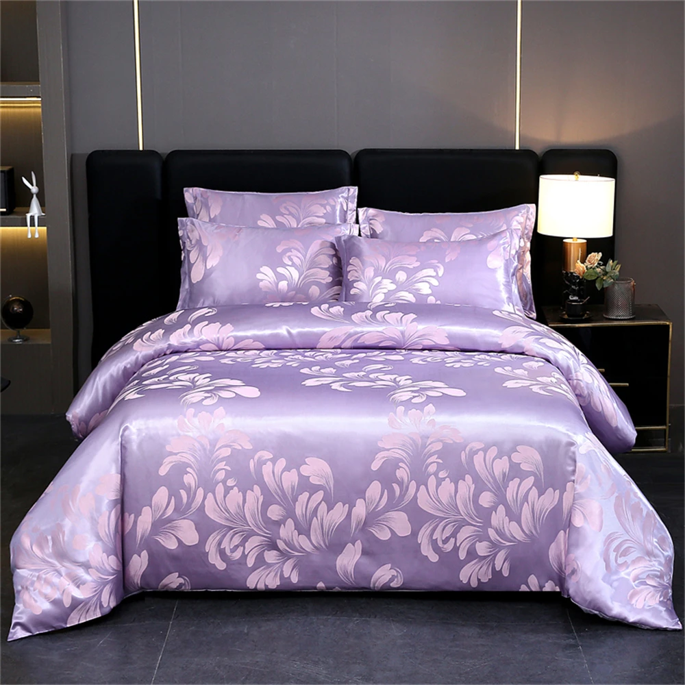 Double Queen Damask Jacquard Satin Duvet Cover Four Pieces Set Luxury Silk Like Bedding Set Comforter Cover Bed Sheet Pillowcase