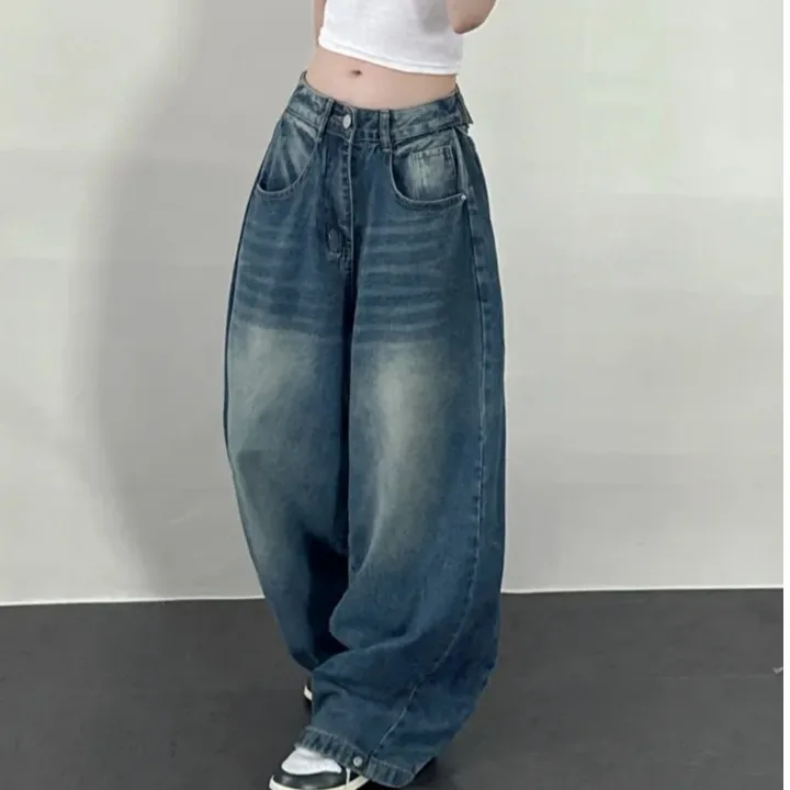 Jean Chic Vintage taille haute à jambes larges pour femmes, pantalon décontracté, plissé sur le côté, bouton caché, pantalon ample et amincissant