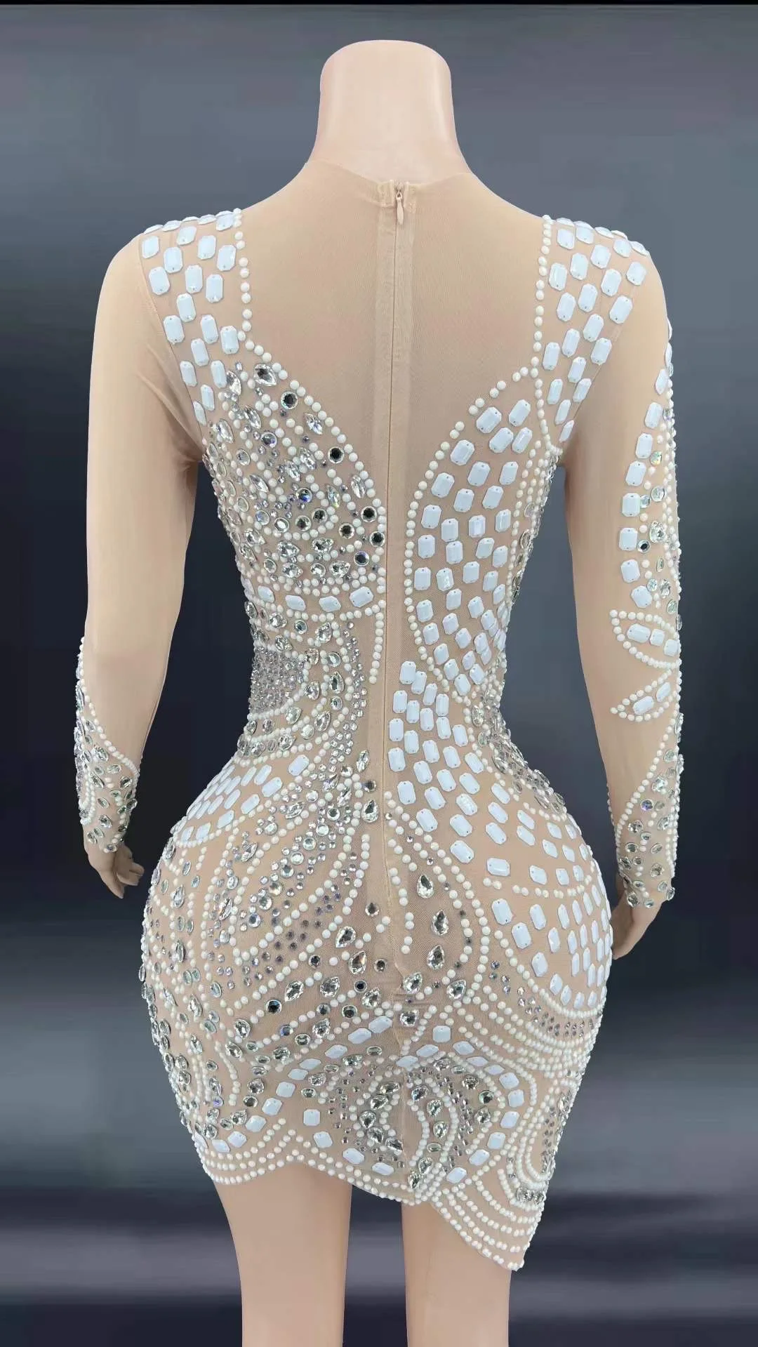 Nude Shining Rhinestones Crystal Long Sleeves Evening Celebrity Clothing Singer Music On-Stage Performance Costumes