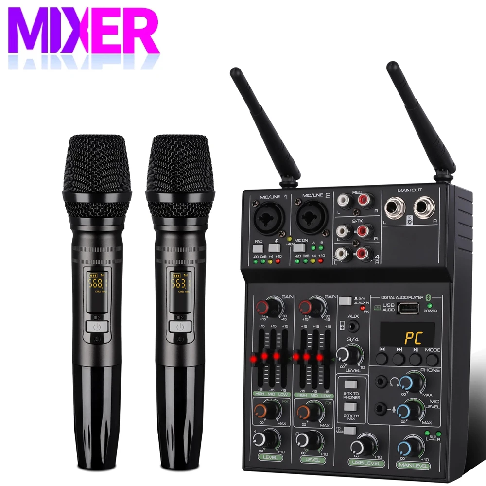 

4-Channel Dj Audio Mixer with Dual Wireless Microphones,Bluetooth,MP3,Computer Input,48V Phantom Power for Karaoke and Guitar