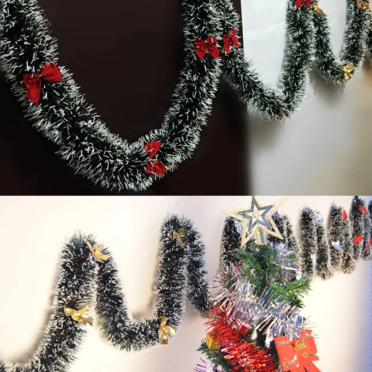 1PC 2-meter encrypted dark green white border Christmas decoration with snowflake fur strips and colorful ribbons