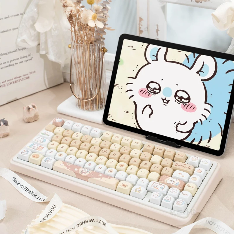

Chiikawa Mechanical Keyboard, Cute Beige Pink Full Size Keyboard with Custom Keycaps, Wired Gaming Keyboard