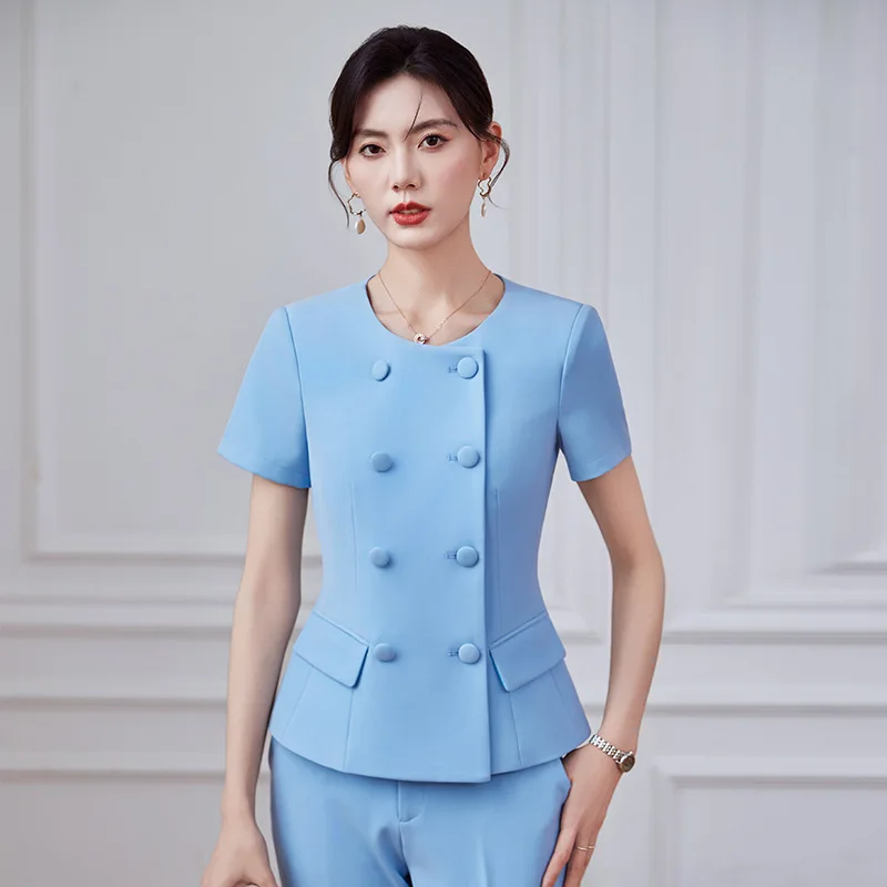 

Летний тонкий костюм для женщин, приталенная спецодежда для приема в стойку регистрации отеля, профессиональный женский костюм с юбкой, официальная одежда