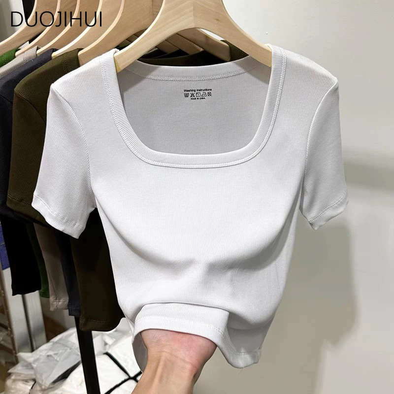 DUOJIHUI Green Sweet Square Neck Slim Waist Female T-shirts Summer Basic Solid Color Fashion Office Ladies Casual Women T-shirts