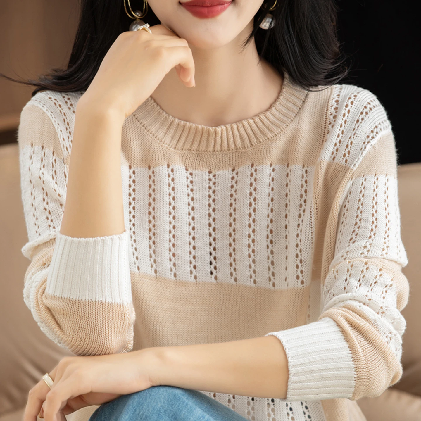Long Sleeve Womens Top 100 Percent Wool Knit Sweater Checkerboard Lazy Style Heavy Industry Hollowed Out Round Neck Base Shirt