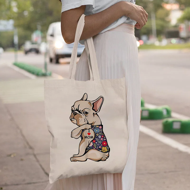 

French Bulldog Women Handbags Canvas Tote Shopping Bags Reusable Shopping Bag Eco Foldable