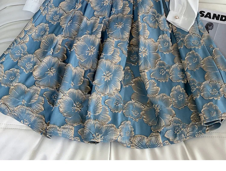 Traje de falda Jacquard elegante para mujer, camisa con apliques de flores con cuentas exquisitas, vestido de baile plisado, conjuntos de dos piezas