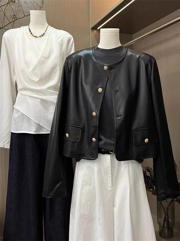 黒PUレザージャケット レディース ショートスタイル 2025年春新作 ルーズフィット ファッションブランド バイクウェア ストリートスタイルジャケット