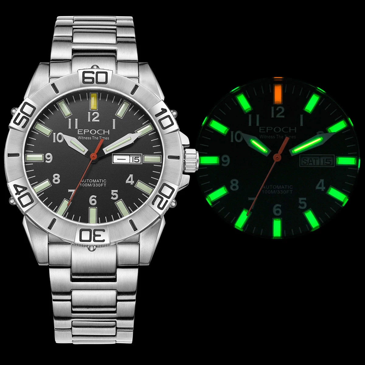 EPOCH Men Automatic Watch 43MM Mechanical Wristwatch Luminous Tubes Diver 100M Waterproof Sapphire SW200 Dual Calendar Week Date