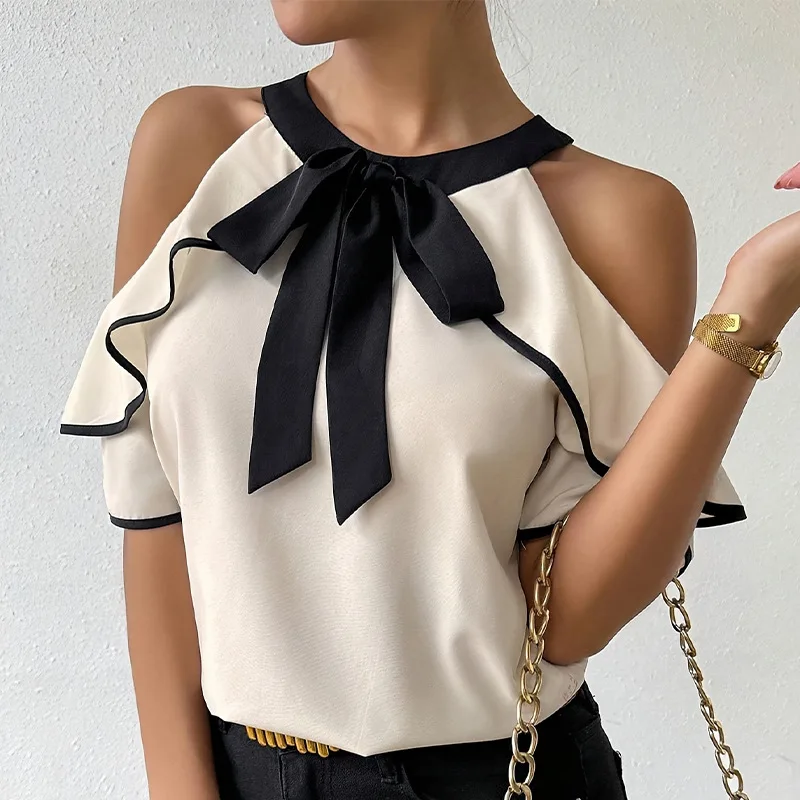 

Elegant Off Shoulder Ruffle Sleeve Blouse Contrast Trim Bow Tie Neck Casual Office Work Tops for Woman Clothes