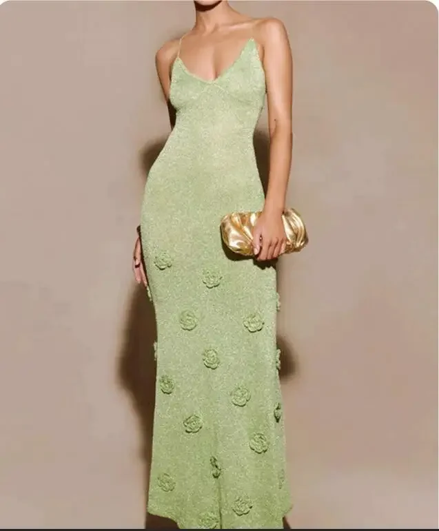 3D-Blumen-Strickkleid für Damen, Sommerkleid mit V-Ausschnitt, Rückenfreies Partykleid, Elegantes Maxikleid mit Schlitz, Urlaubskleid für den Strand