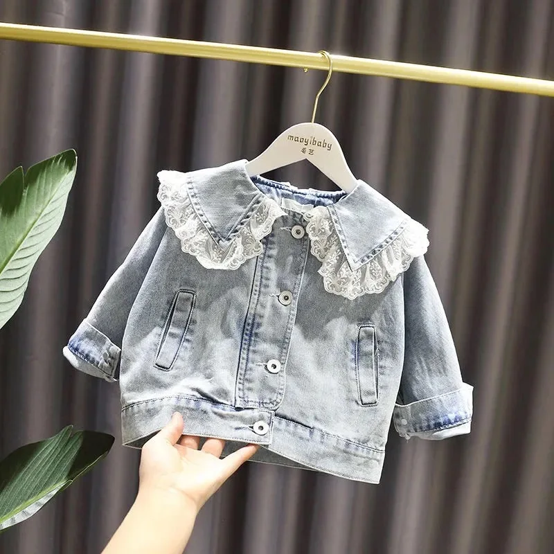 

2025 New Baby Girls Denim Jacket New Fashion Kids Jean Coat For Girls Sweet Lace Design Princess Outerwear Children's Clothing