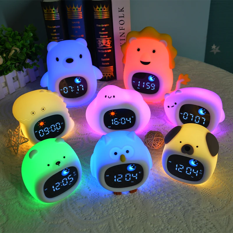Night Light Clock Cat Baby Sleeping Training Musical Alarm Clock Led Night Table Light Children Sleep Training view 2
